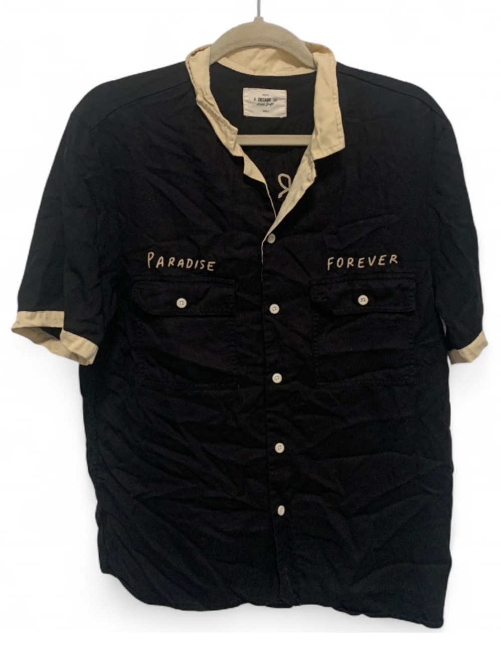 P&Co Paradise Forever Short Sleeve Button Down Bowling Shirt - Black & Cream